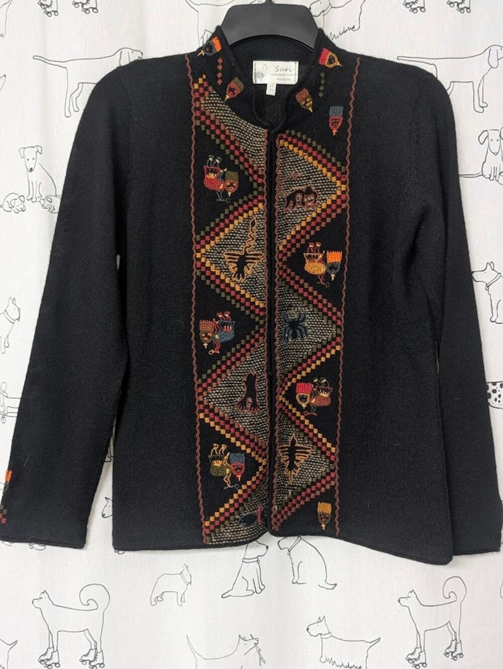 Suri Cardigan Womens Med Black 100% Baby Alpaca Tribal Indie Boho Peruvian Rare